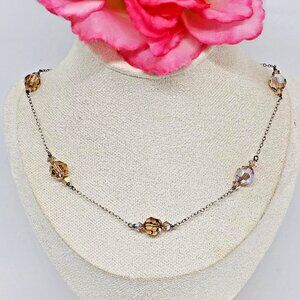 925 Sterling Silver - AB Champagne Crystal Bead Chain Necklace Station Choker
